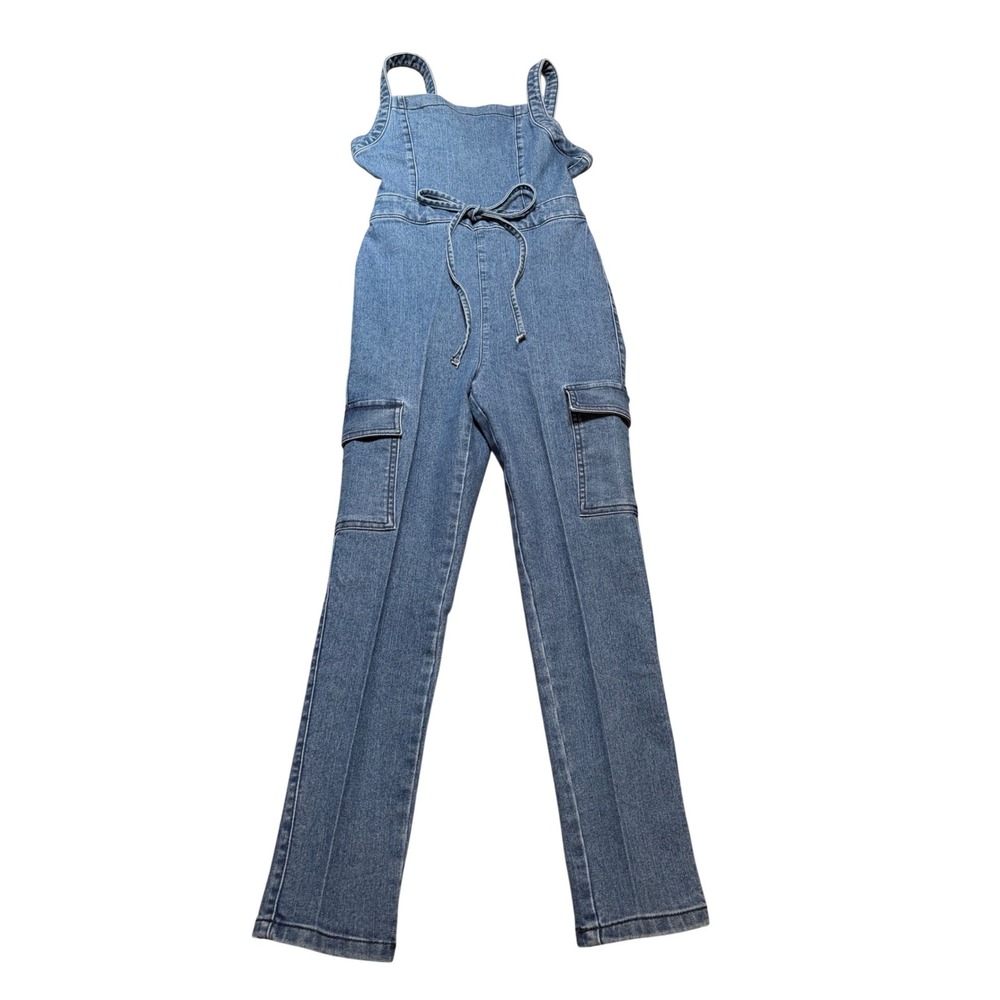 Tinsel Town Denim Jumpsuit Womens XS Blue Cargo Tie‎ Waist Sleeveless Y2K